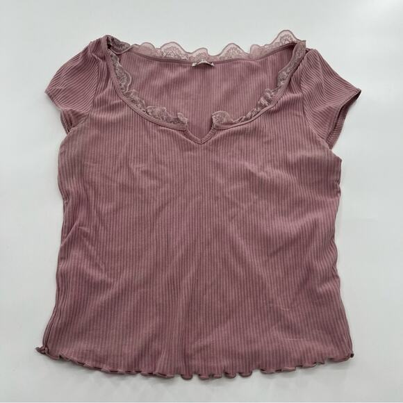 Intimately Free People Lace Trim Rib Crop Top Pink Women’s Shirt Classic Twist - Picture 2 of 8